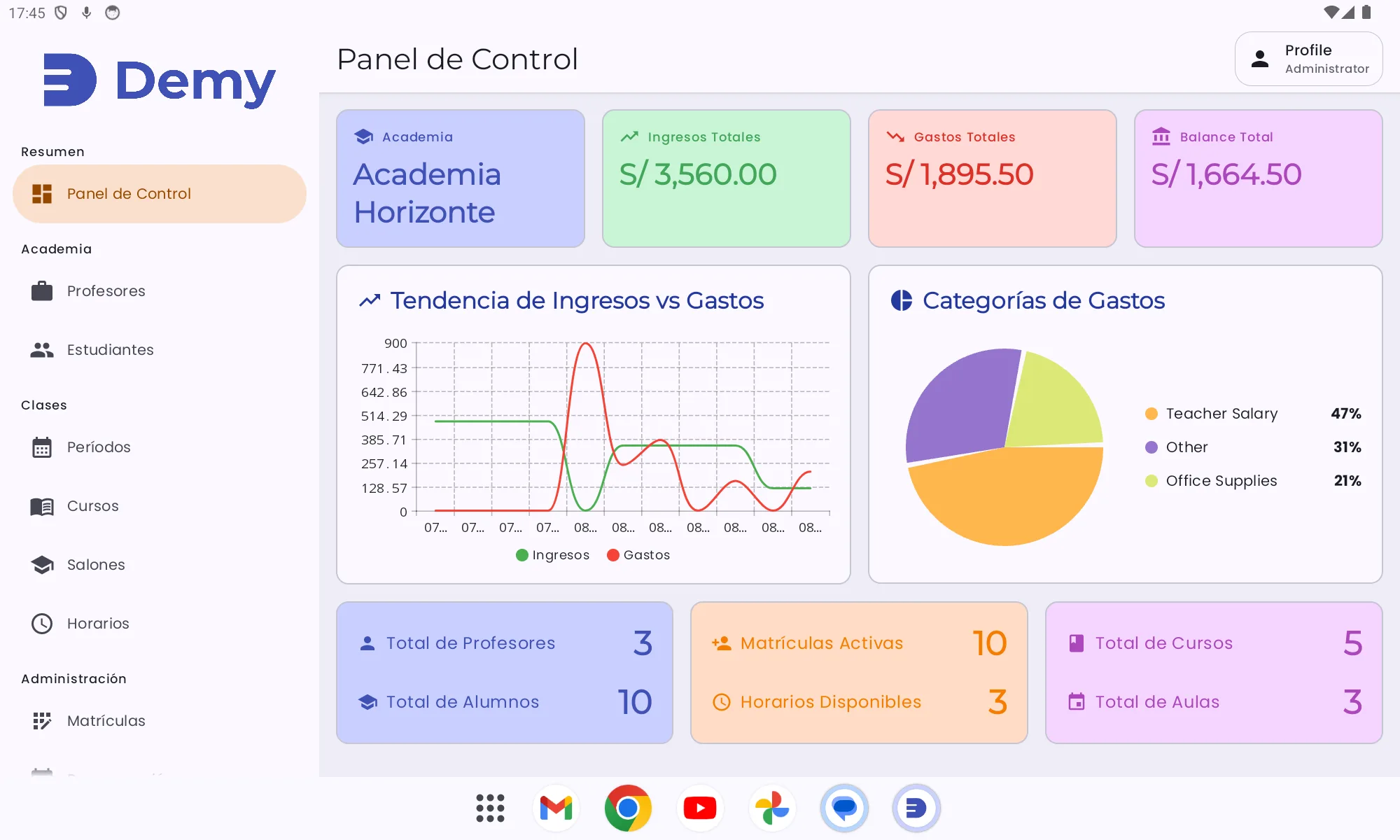 Panel del administrador en la app móvil, con el resumen de la academia.