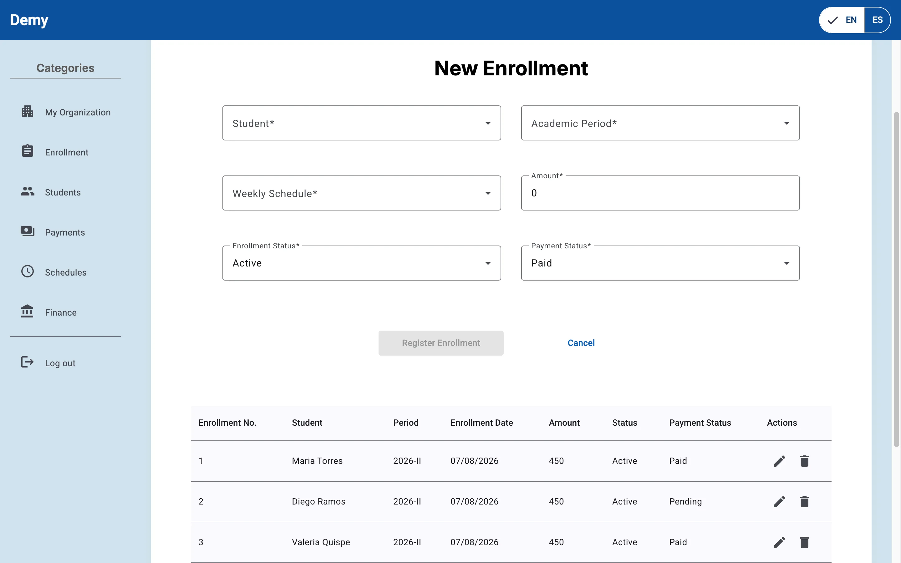 Enrollment management from the admin panel.