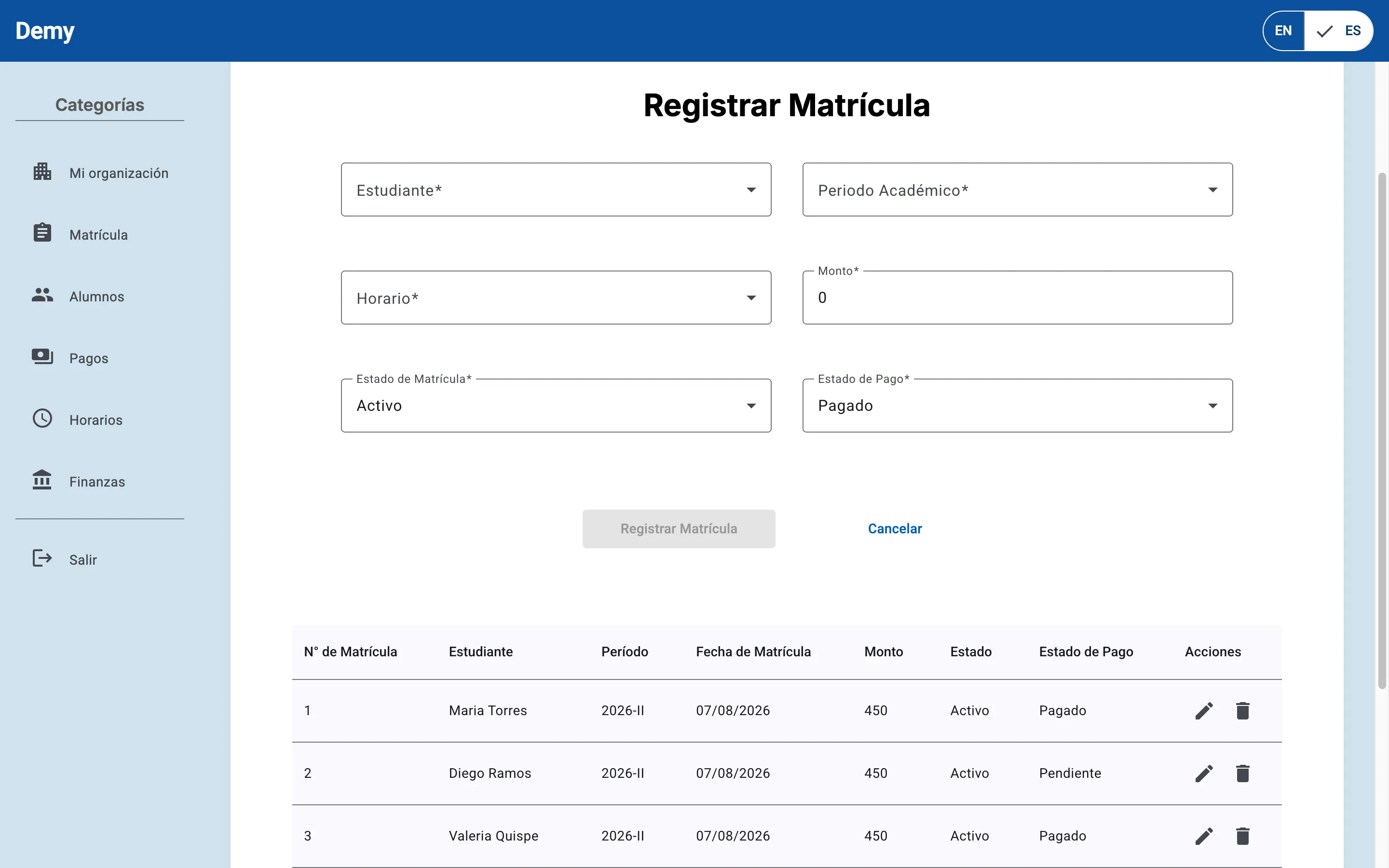 Gestión de matrículas desde el panel de administrador.